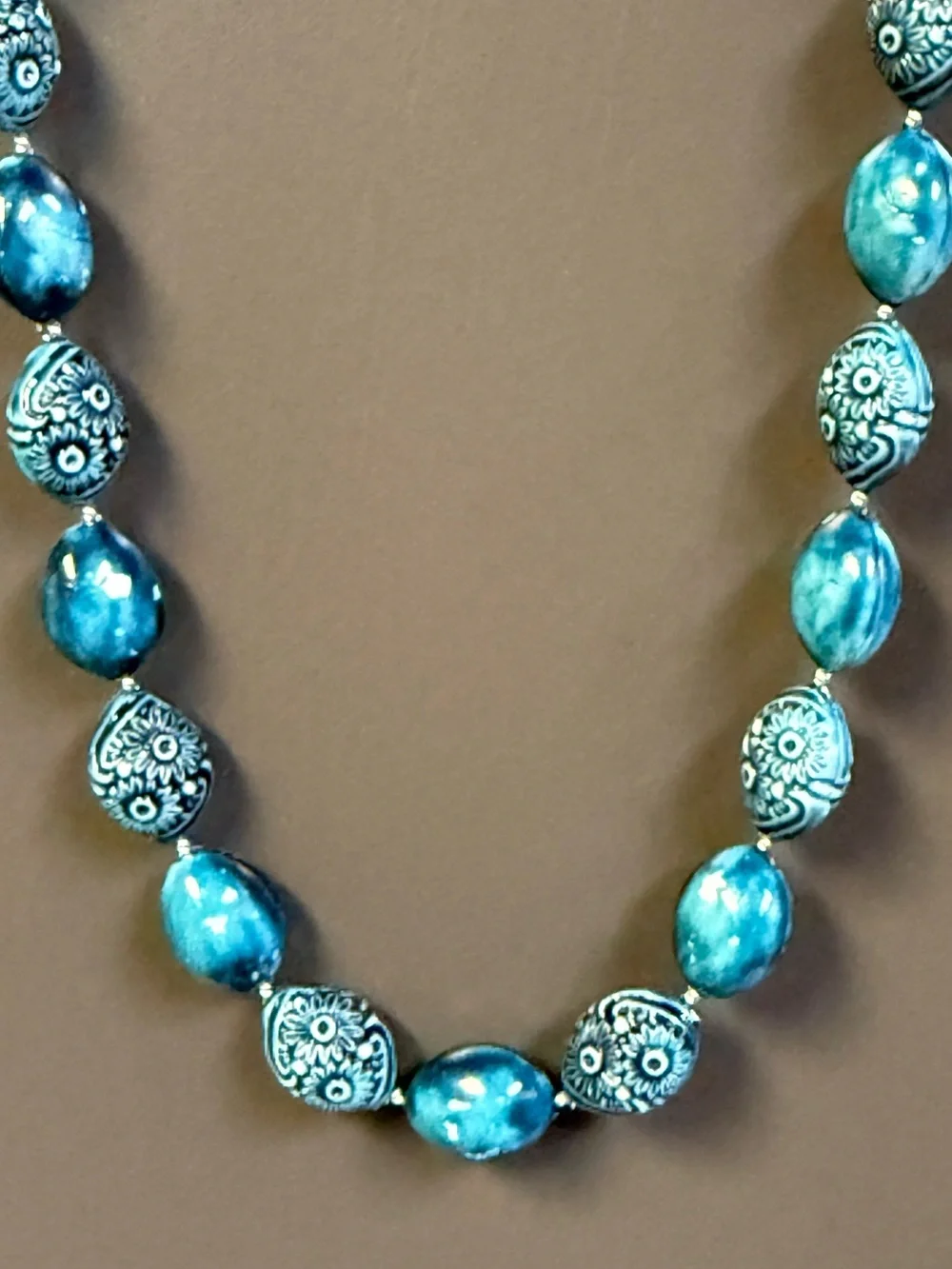 Blue Floral Ceramic Textured Bead 28” Necklace